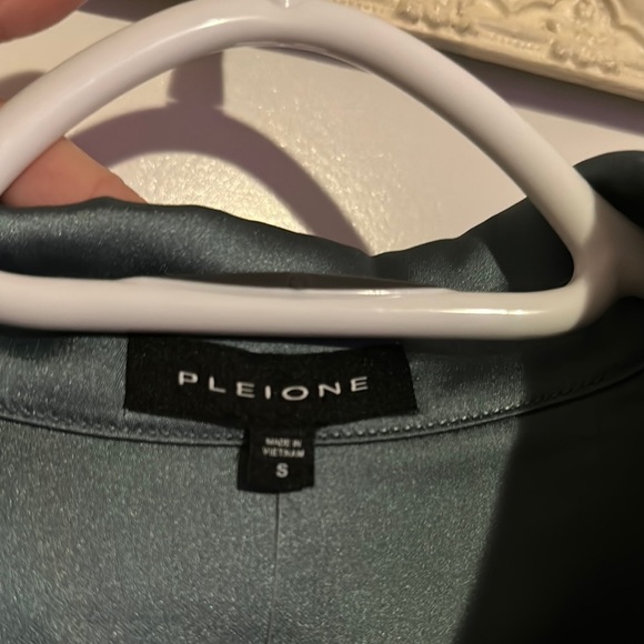 PLEIONE | Anthropologie Dusty Blue Long Sleeve Polo Satin Blouse - Picture 6 of 13